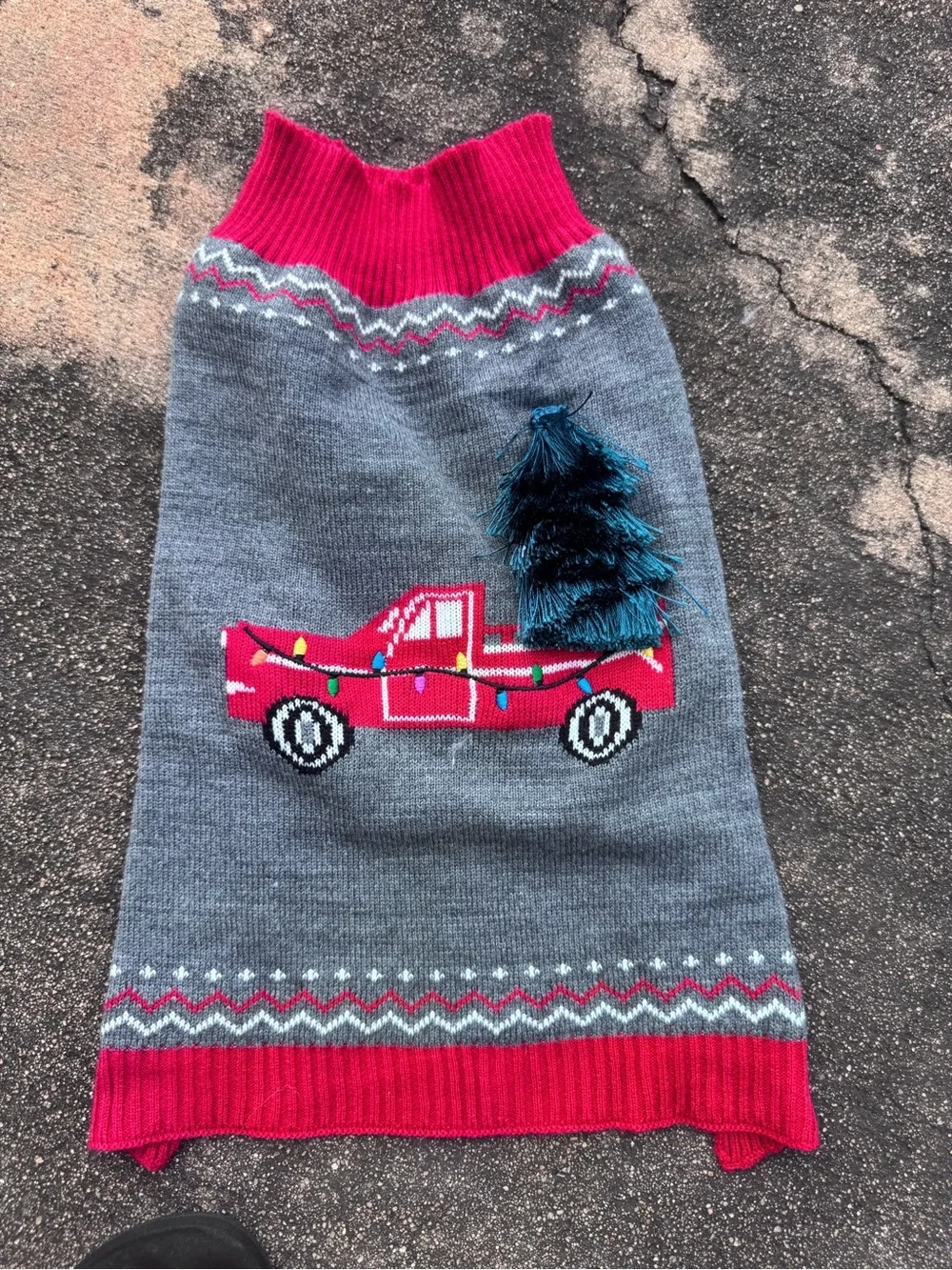 Cute Gray Knit Pet Sweater with Red Truck & Tree